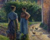 卡米耶 毕沙罗 : Peasants Chatting in the Farmyard, Eragny